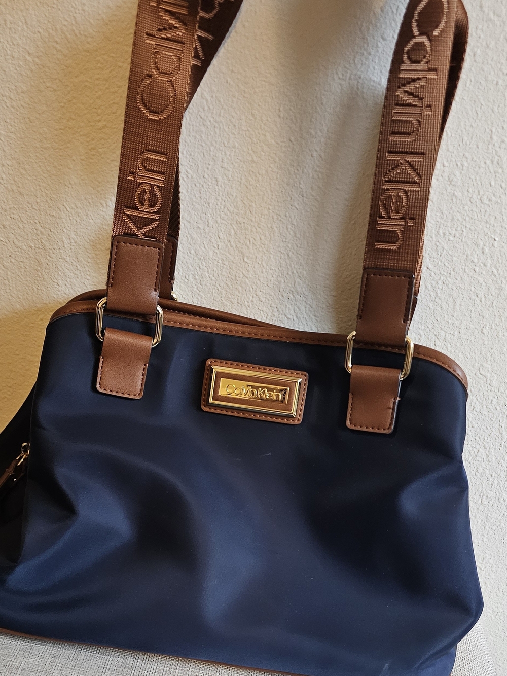 Calvin Klein Navy and Brown Shoulder Bag